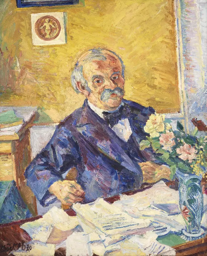 Herbert Boeckl: Julius Tandler, Arzt und Gesundheitsstadtrat, 1930, Foto: Birgit und Peter Kainz, Wien Museum Porträt von Julius Tandler hinter einem mit Notizen und einem Blumenstrauß übersäten Tisch