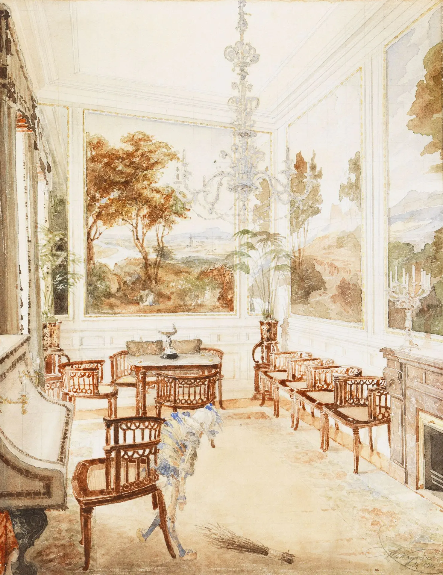 Otto Wagner: Salon der Villa Wagner, 1890, Foto: Birgit und Peter Kainz, Wien Museum Aquarellierte Zeichnung des Salons mit Sitzgelegenheiten, Luster und Tapeten mit Landschaftsdarstellungen
