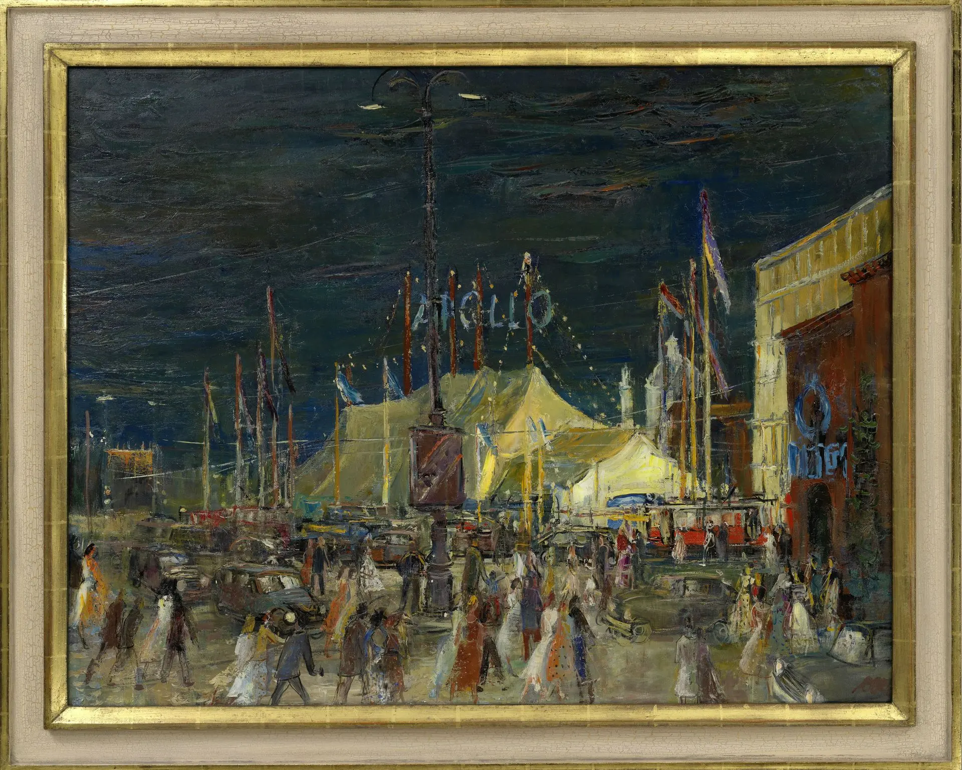 Otto Rudolf Schatz: Zirkus Apollo, 1956, Foto: Birgit und Peter Kainz, Wien Museum Zirkuszelt vor dunklem Hintergrund. Im Vordergrund sind schemenhaft Menschen zu sehen