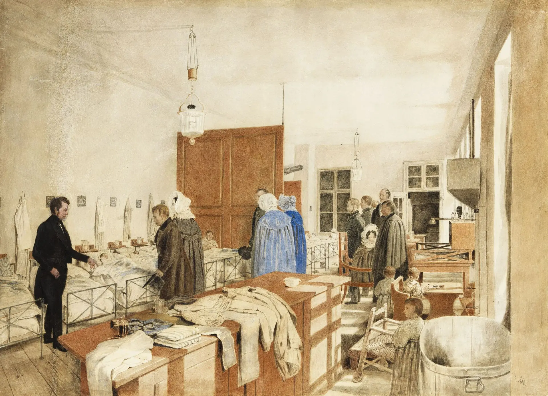 Jakob Alt: Besuch des Kaisers Ferdinand I. und Kaiserin Maria-Anna im ersten Kinderspital in Wen am 10. März 1840, 1840,Foto: Birgit und Peter Kainz, Wien Museum Einblick in ein Kinderspital mit aufgereihten Betten davor das Kaiserpaar mit Entourage