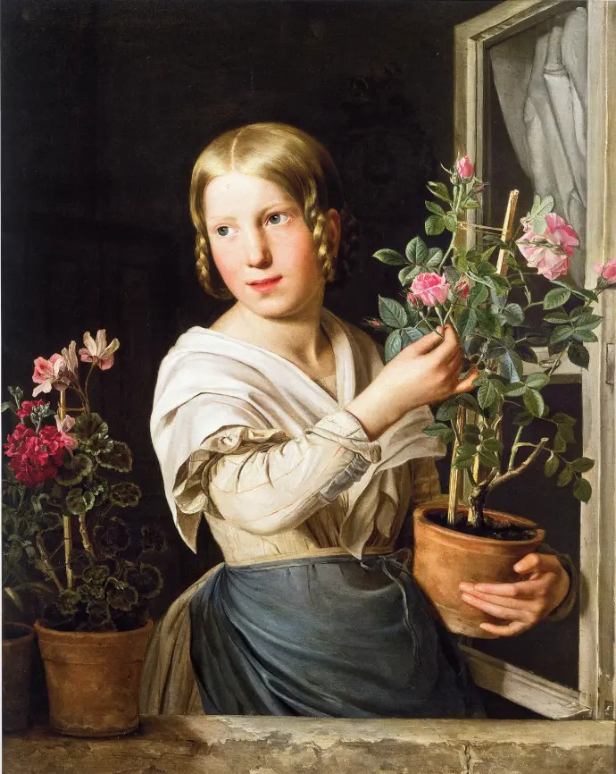 Rosalia Amon: Mädchen am Fenster, 1849,Foto: Birgit und Peter Kainz, Wien Museum Junges blondes Mädchen in weißer Bluse vor einem Fenster und Blumenstock in der Hand